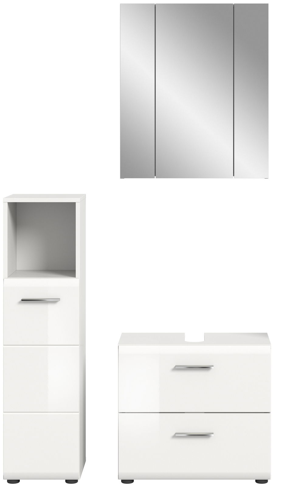 Moderne Badkombination bestehend aus einem Spiegelschrank, einem Hochschrank und einem Unterschrank, frontal abgebildet.