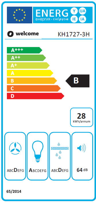 Energieeffizienzlabel für ein Küchengerät mit der Klasse B, 28 kWh pro Jahr, und 64 dB Lautstärke, frontal betrachtet.