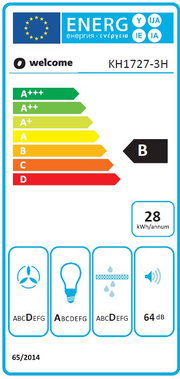 Energieeffizienzlabel für ein Küchengerät mit der Klasse B, 28 kWh pro Jahr, und 64 dB Lautstärke, frontal betrachtet.