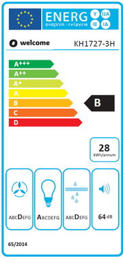 Energieeffizienzlabel für ein Küchengerät mit der Klasse B, 28 kWh pro Jahr, und 64 dB Lautstärke, frontal betrachtet.