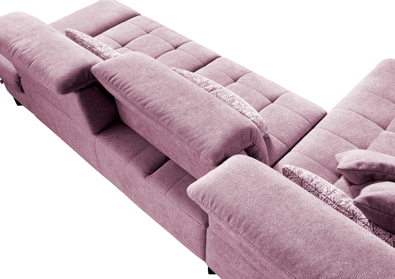 Lila Ecksofa mit verstellbaren Rückenlehnen und dekorativen Kissen, Ansicht von oben