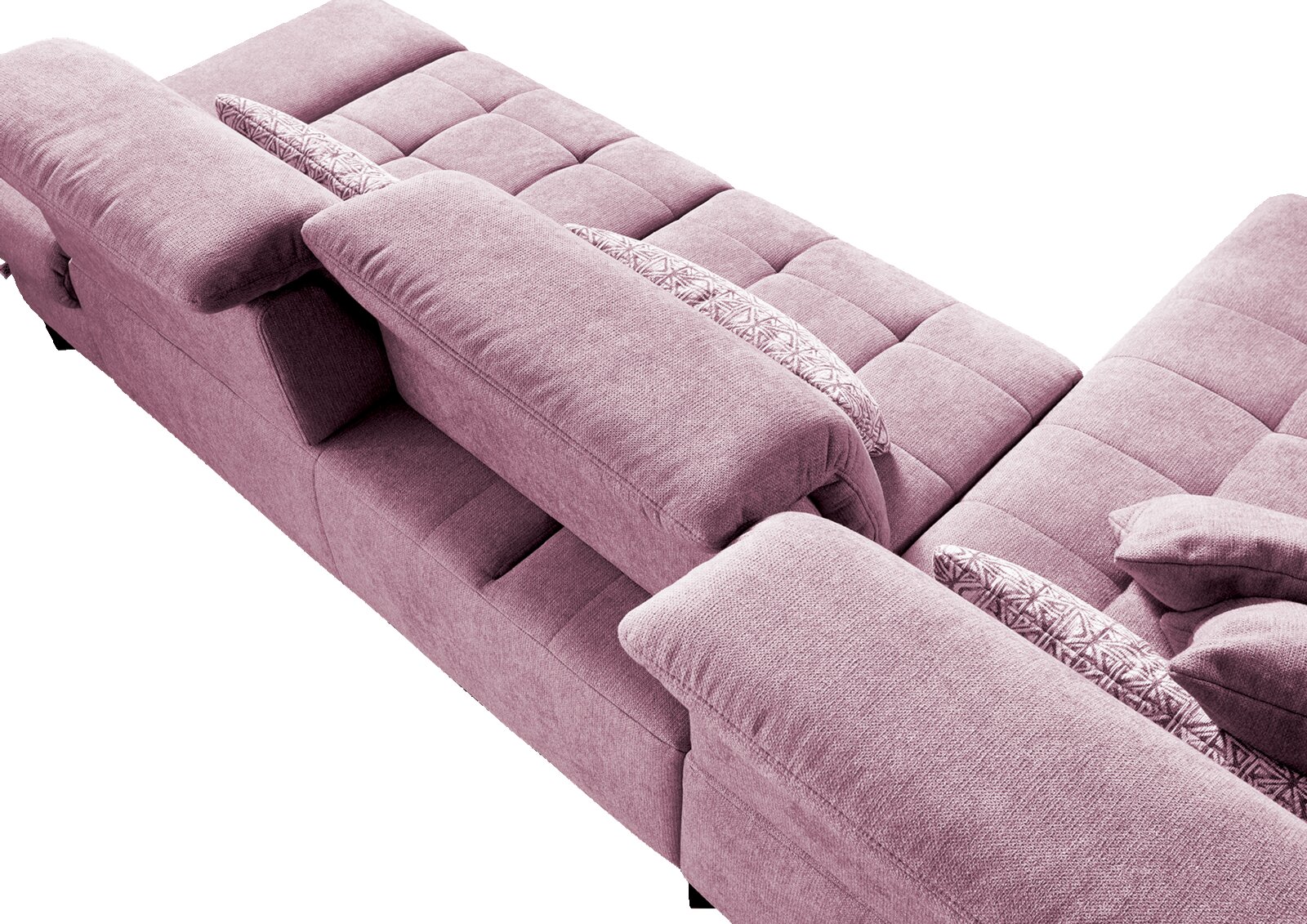 Lila Ecksofa mit verstellbaren Rückenlehnen und dekorativen Kissen, Ansicht von oben