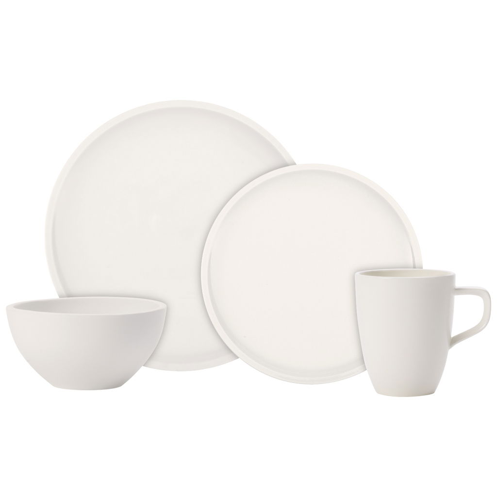 Villeroy & Boch Starter-Set 8-tlg. ARTESANO ORIGINAL Weißes Geschirr-Set bestehend aus einem großen Teller, einem kleinen Teller, einer Schüssel und einer Tasse, frontal abgebildet.