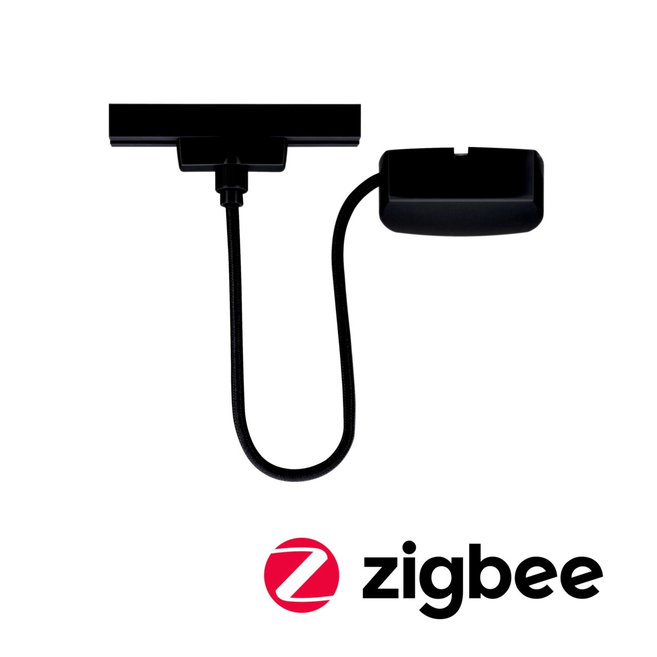 Stromeinspeisung Zigbee in schwarzer Farbe, von oben betrachtet, mit flexiblem Kabel und Zigbee-Logo.