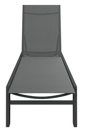 Frontale Ansicht einer modernen, grauen Sonnenliege mit schlichtem Design.
