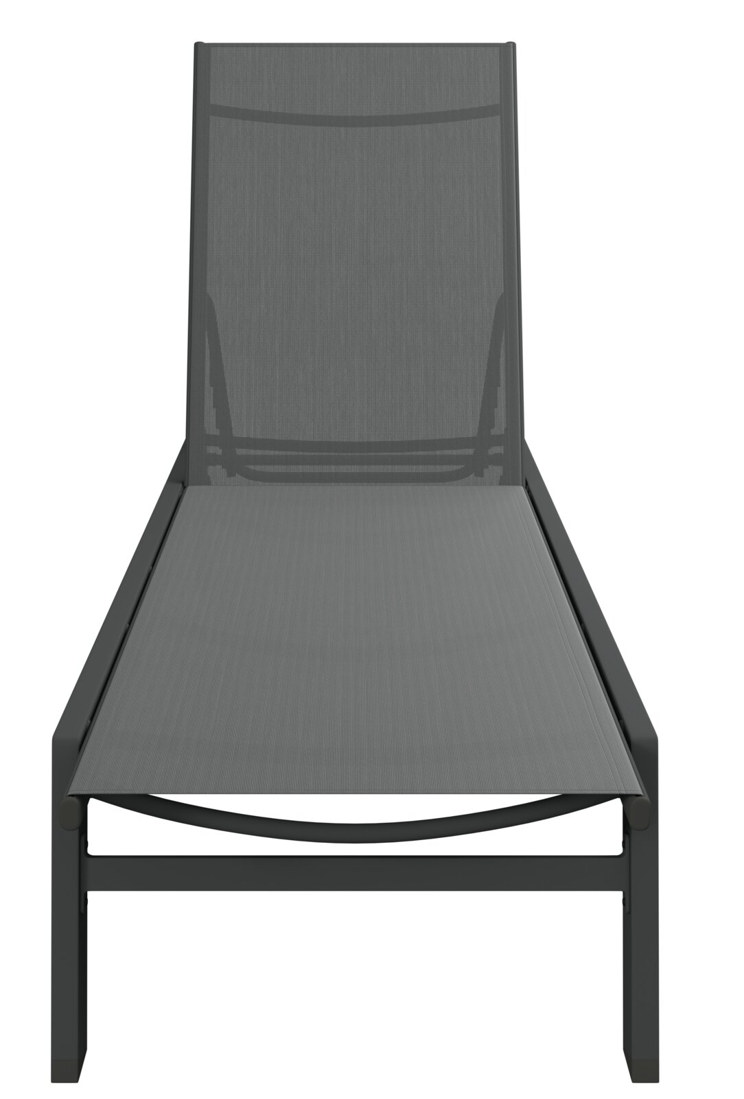 Frontale Ansicht einer modernen, grauen Sonnenliege mit schlichtem Design.