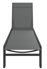Frontale Ansicht einer modernen, grauen Sonnenliege mit schlichtem Design.