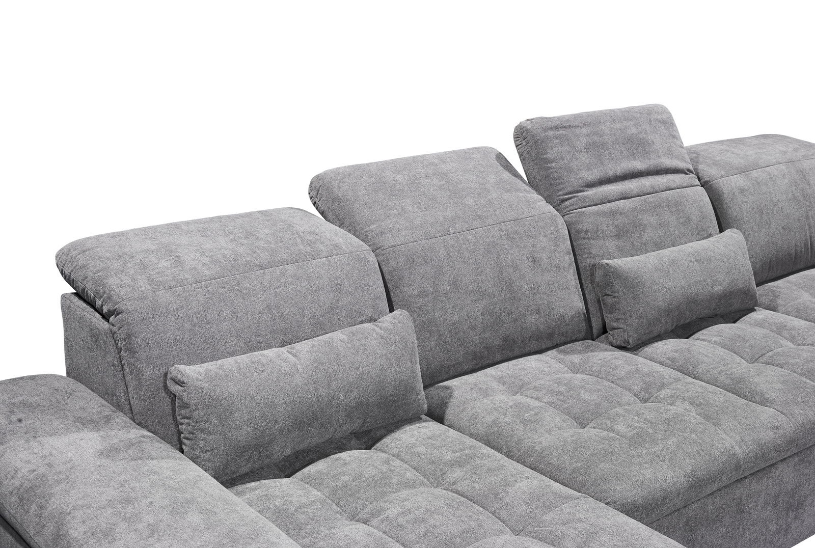 Graue Wohnlandschaft WAYNE mit verstellbaren Kopfstützen und Kissen, seitliche Perspektive