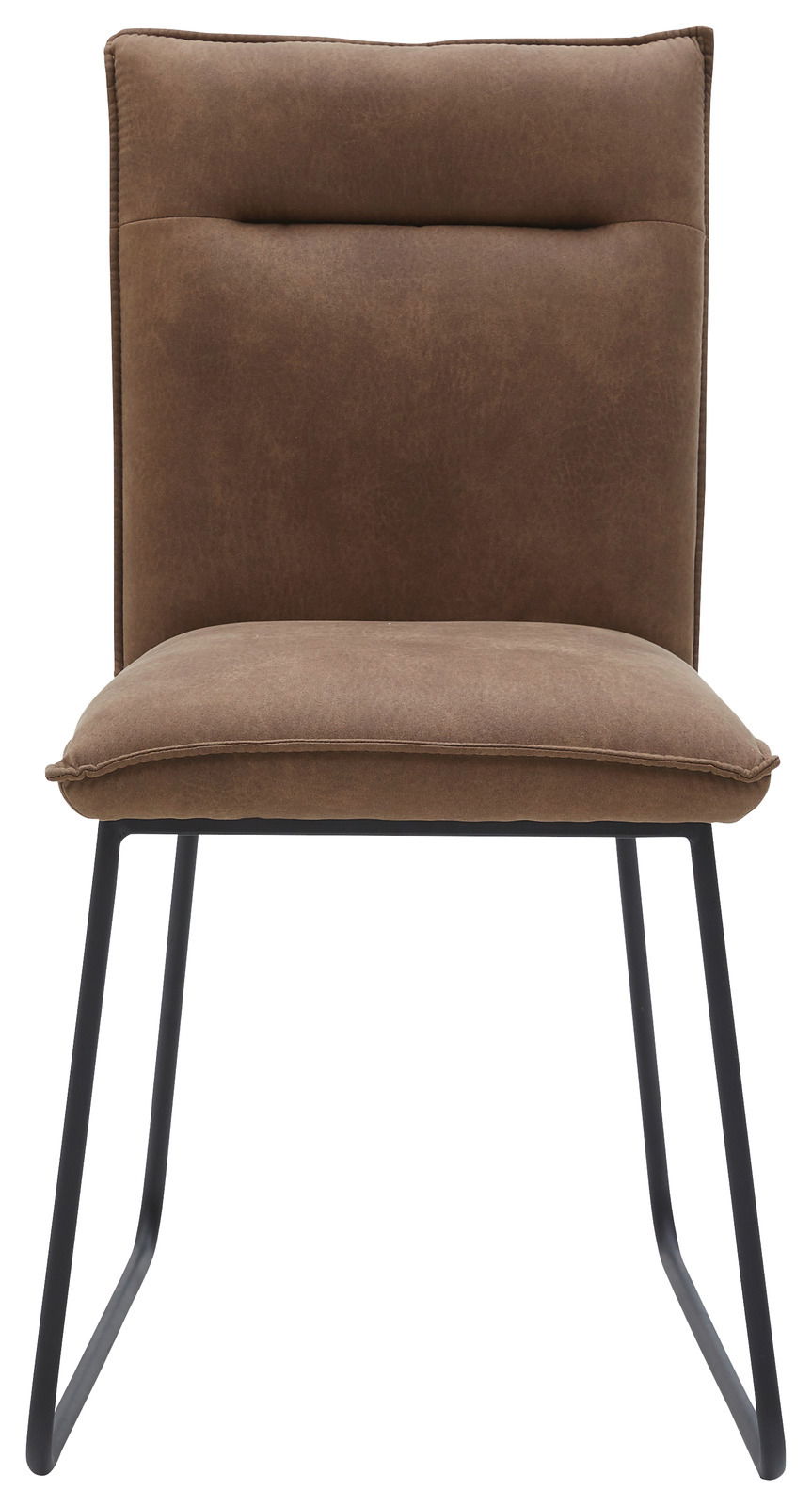 Brauner Stuhl mit gepolsterter Rückenlehne und Sitzfläche, Metallbeine, Frontalansicht