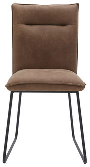 Brauner Stuhl mit gepolsterter Rückenlehne und Sitzfläche, Metallbeine, Frontalansicht