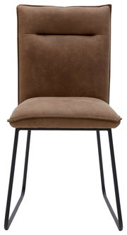 Brauner Stuhl mit gepolsterter Rückenlehne und Sitzfläche, Metallbeine, Frontalansicht