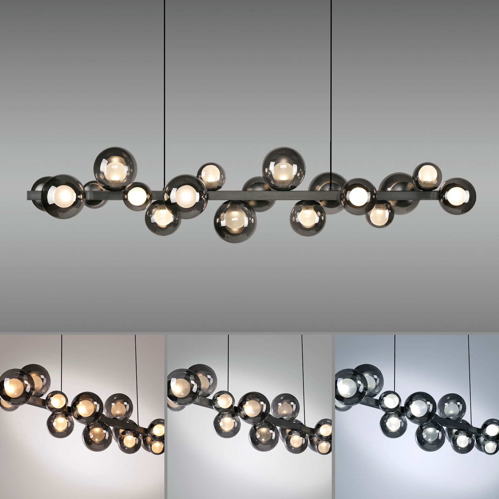 Moderne LED-Pendelleuchte mit mehreren kugelförmigen Glaskörpern, seitliche Perspektive