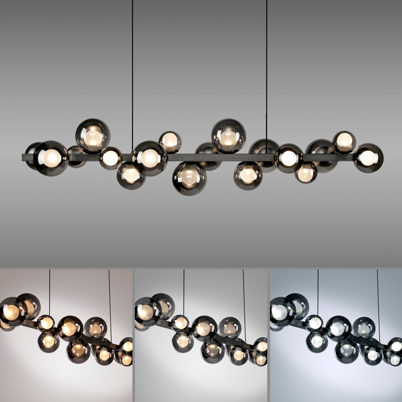 Moderne LED-Pendelleuchte mit mehreren kugelförmigen Glaskörpern, seitliche Perspektive