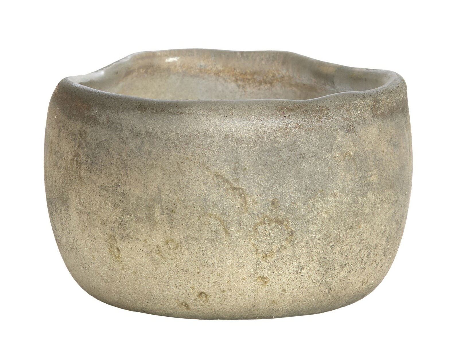 Rustikales Teelicht aus Glas in natürlichem Beige, seitliche Perspektive