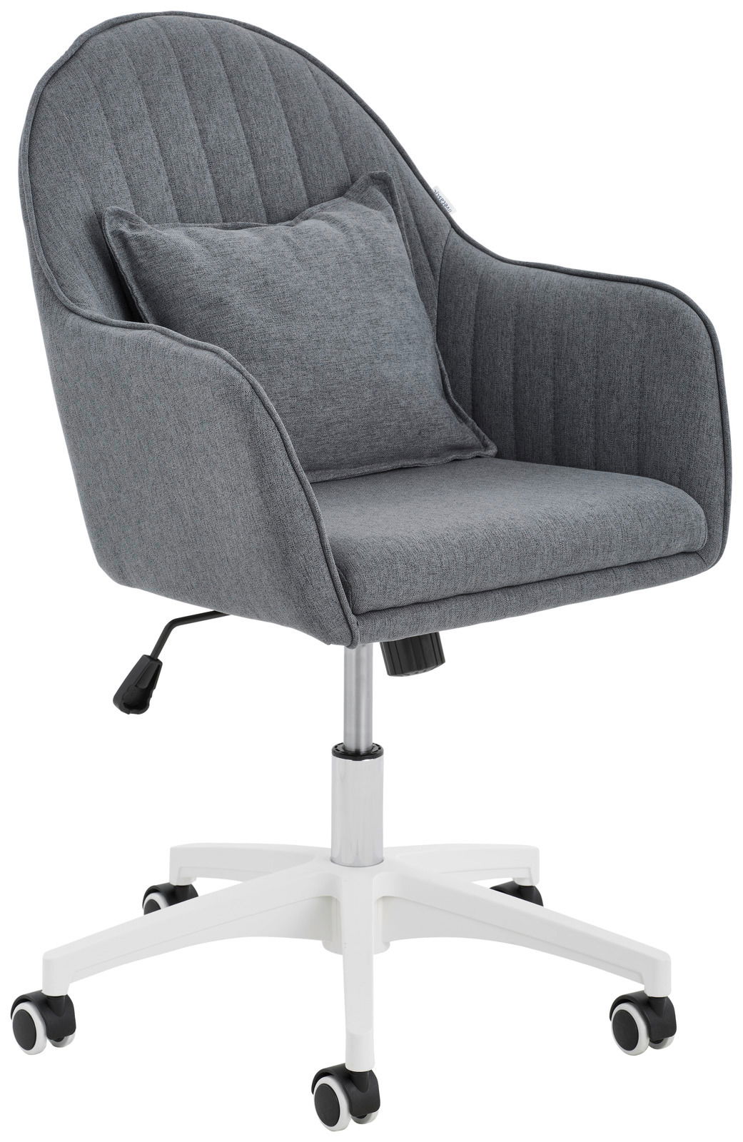 Livetastic Drehstuhl PALERMO Grauer Homeoffice-Drehstuhl mit gepolstertem Sitz und Rückenlehne, inklusive Kissen, auf weißem Rollfußgestell, seitliche Perspektive