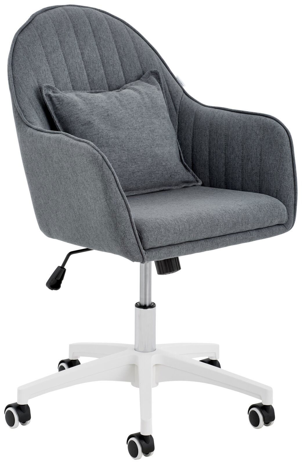 Grauer Homeoffice-Drehstuhl mit gepolstertem Sitz und Rückenlehne, inklusive Kissen, auf weißem Rollfußgestell, seitliche Perspektive