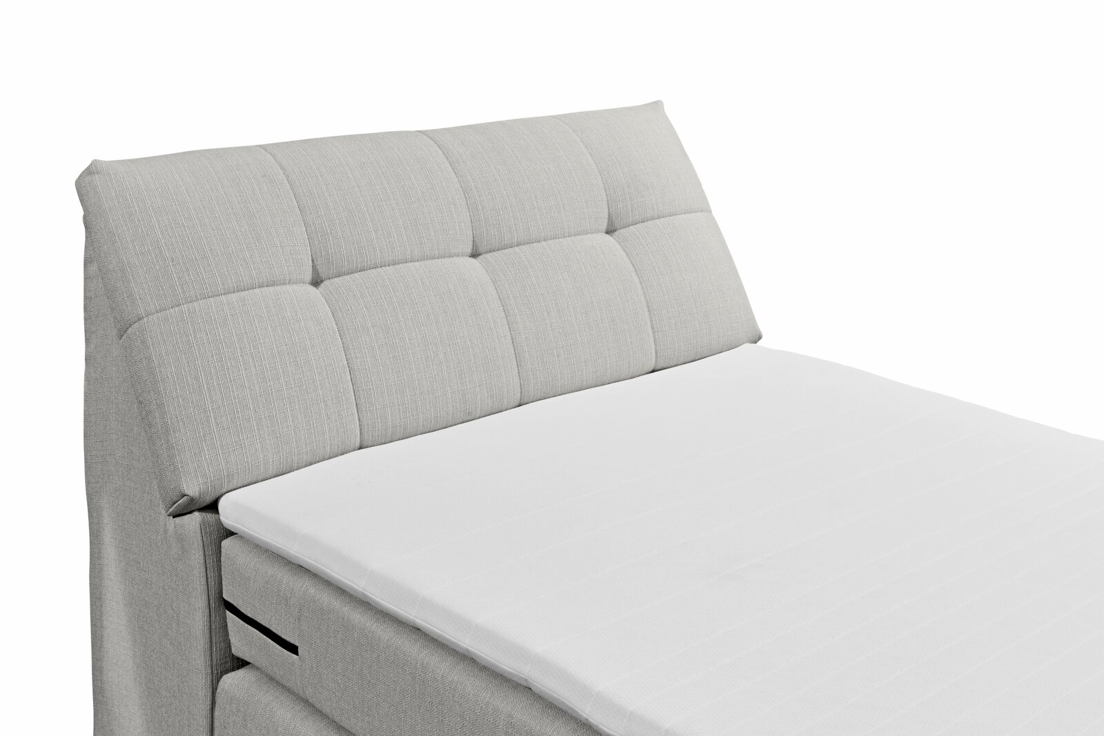 Boxspringbett mit grauem, gestepptem Kopfteil, seitliche Perspektive