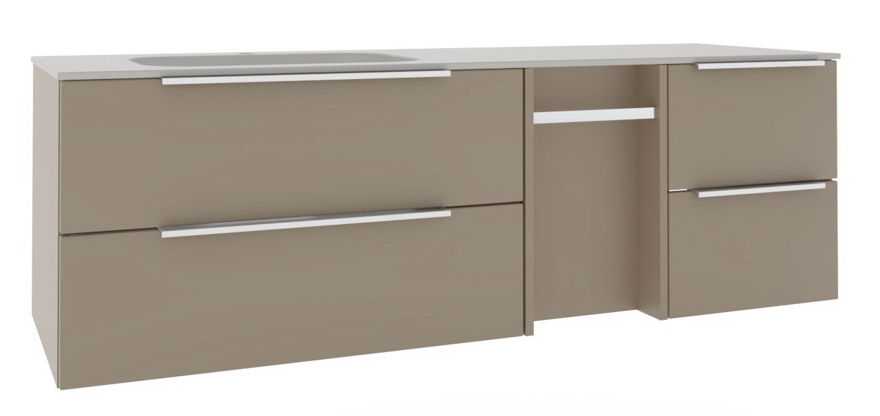Modernes Badezimmer-Waschtischunterschrank-Set in Taupe mit weißer Waschtischplatte und Chromgriffen, zwei Schubladen links und zwei rechts mit offenem Mittelregal, freigestellt auf Weiß, Frontansicht in leichter Perspektive von links.