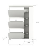 Weißer Schuhschrank mit drei Klappfächern und einer Tür, Maße: 95 cm Breite, 127 cm Höhe, 35 cm Tiefe, Frontansicht