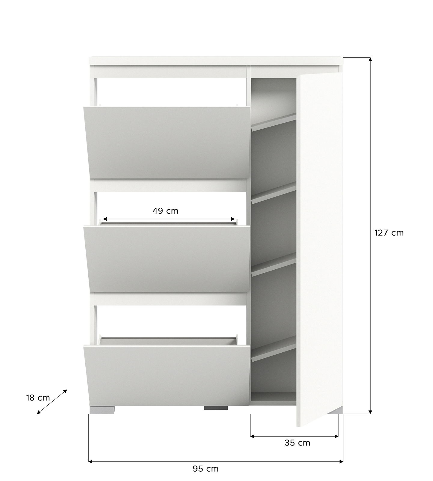 Weißer Schuhschrank mit drei Klappfächern und einer Tür, Maße: 95 cm Breite, 127 cm Höhe, 35 cm Tiefe, Frontansicht