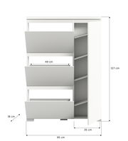 Weißer Schuhschrank mit drei Klappfächern und einer Tür, Maße: 95 cm Breite, 127 cm Höhe, 35 cm Tiefe, Frontansicht