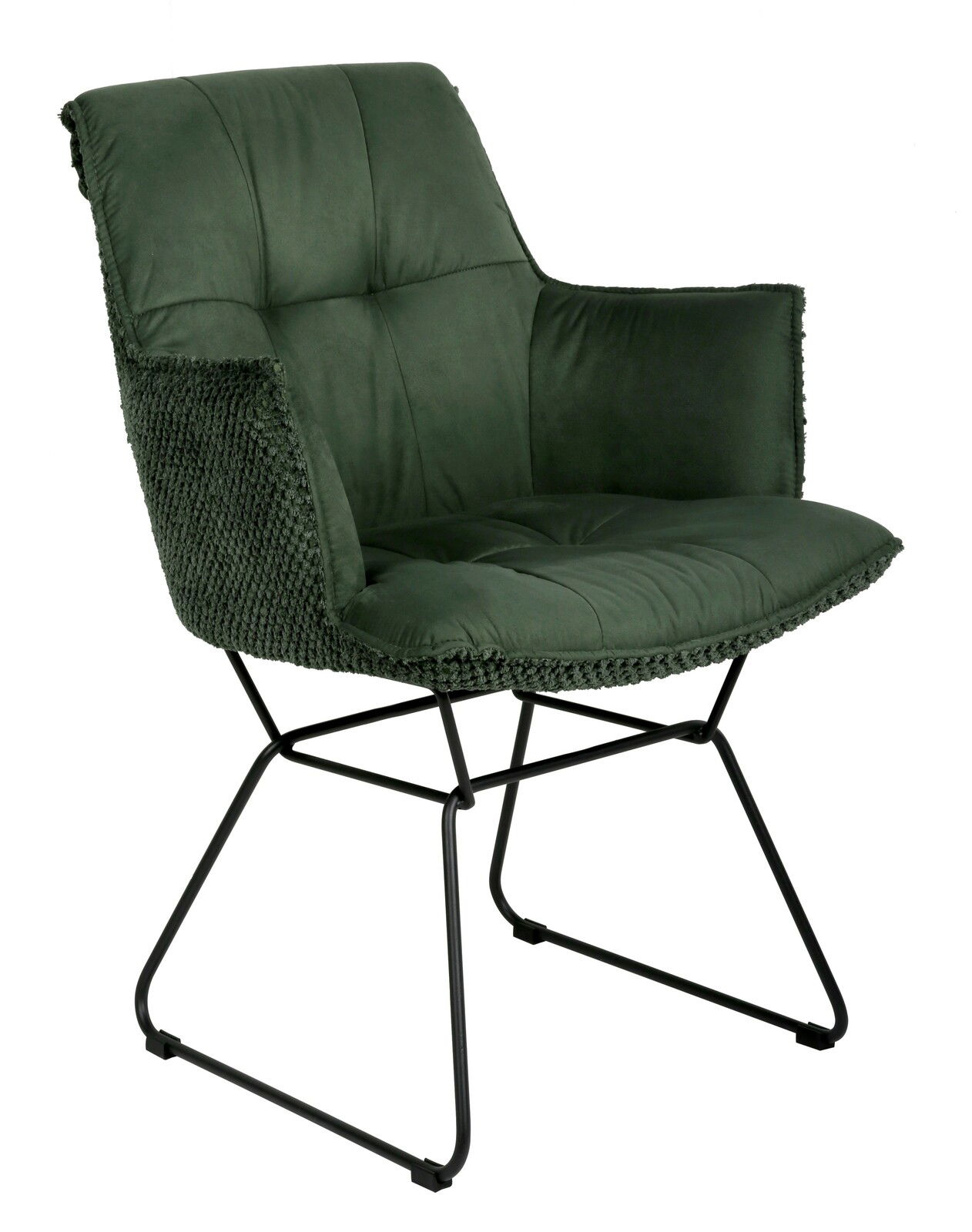 Grüner Armlehnstuhl mit gepolstertem Sitz und Rückenlehne, seitliche Perspektive