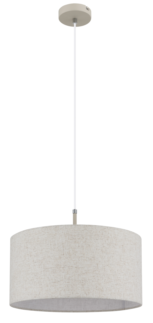Hängeleuchte mit rundem, beigem Stoffschirm, von der Seite betrachtet.