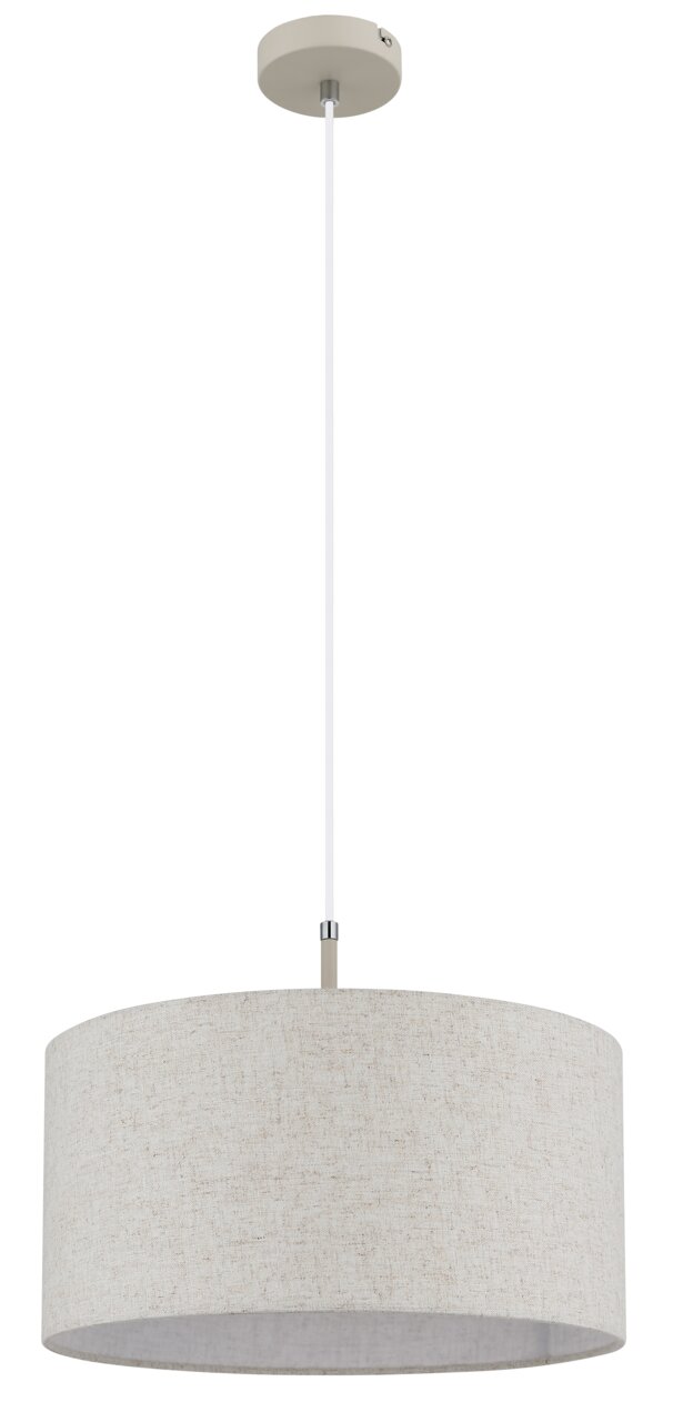 Hängeleuchte mit rundem, beigem Stoffschirm, von der Seite betrachtet.