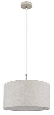 Hängeleuchte mit rundem, beigem Stoffschirm, von der Seite betrachtet.