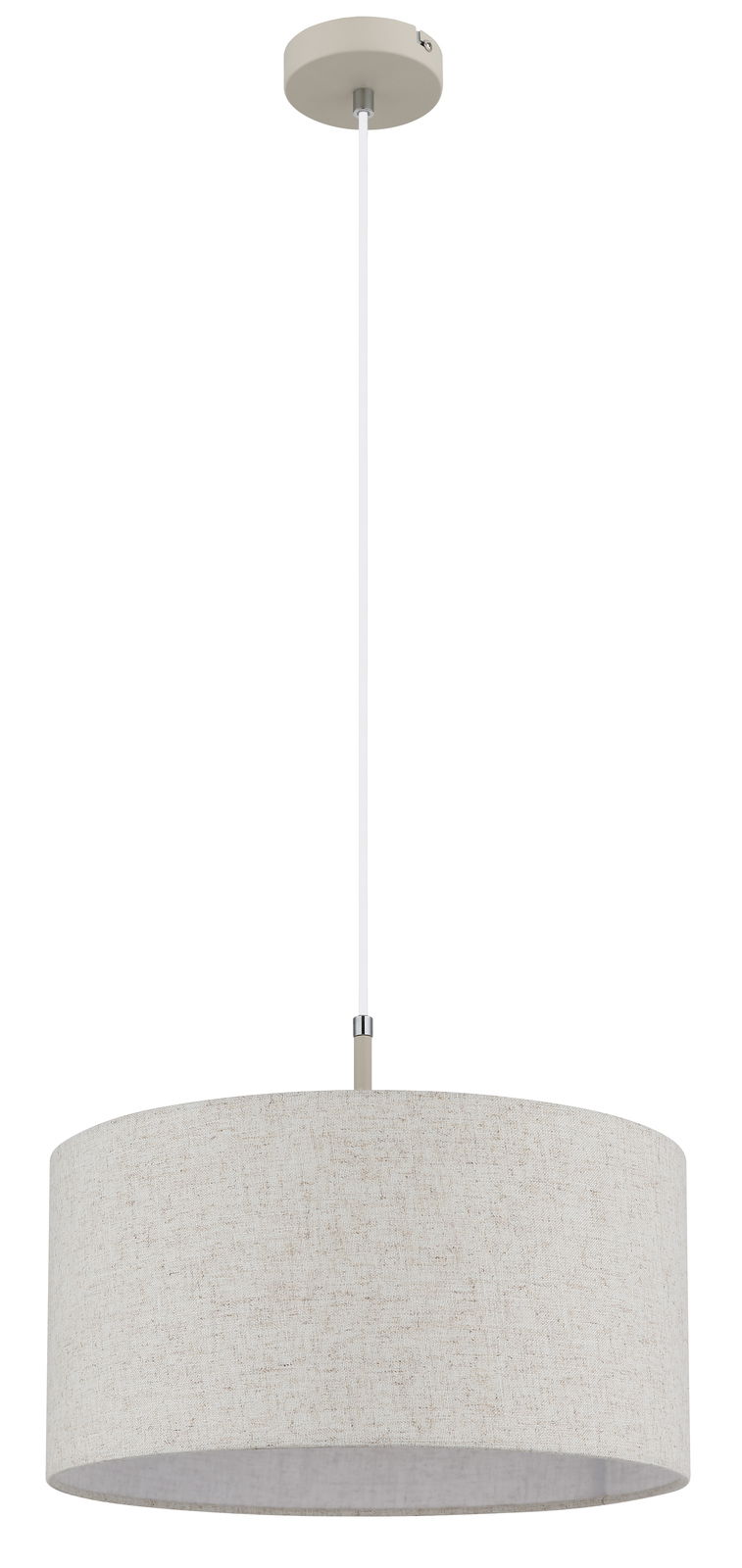 Hängeleuchte mit rundem, beigem Stoffschirm, von der Seite betrachtet.