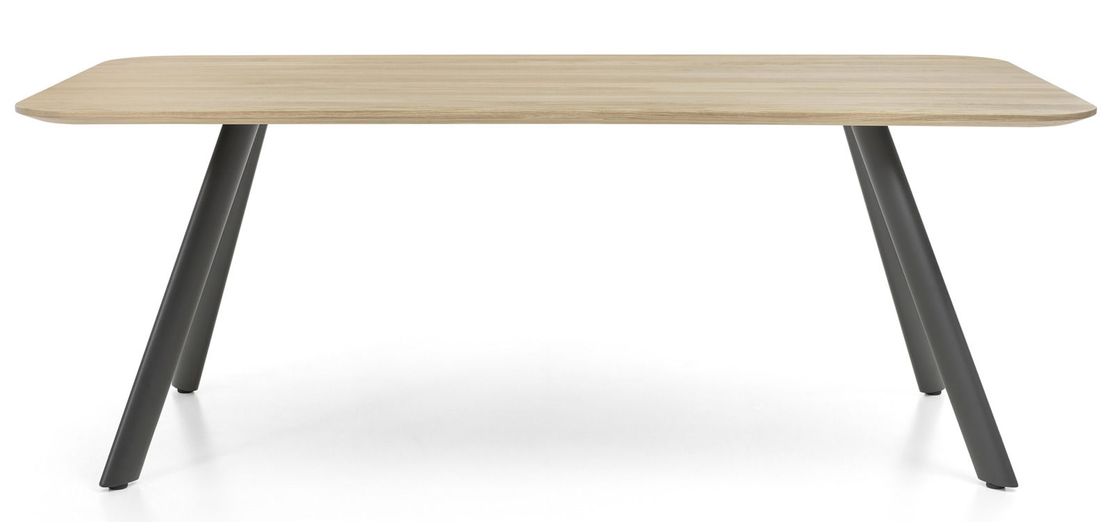 Moderner Esstisch mit Holzplatte und schrägen Metallbeinen, Frontalansicht