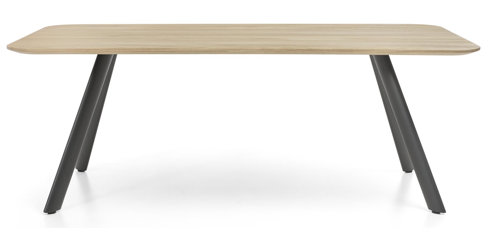 Moderner Esstisch mit Holzplatte und schrägen Metallbeinen, Frontalansicht