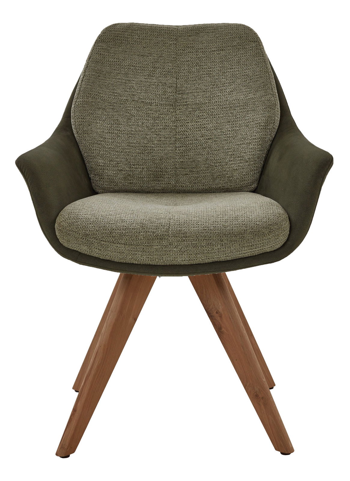 Frontansicht eines Armlehnstuhls mit grünem Stoffbezug und Holzbeinen.