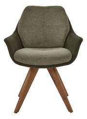 Frontansicht eines Armlehnstuhls mit grünem Stoffbezug und Holzbeinen.