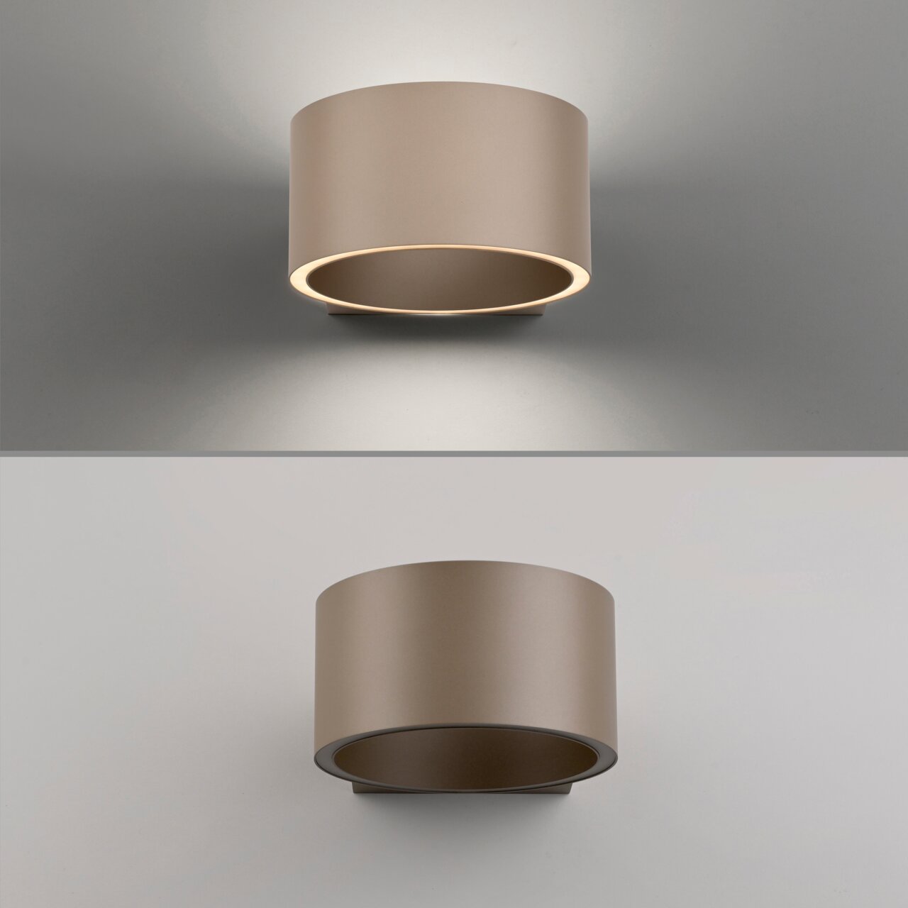 Moderne Wandleuchte PURE Clipse in zylindrischer Form, seitliche Perspektive, mit sanftem Lichtschein nach oben und unten.