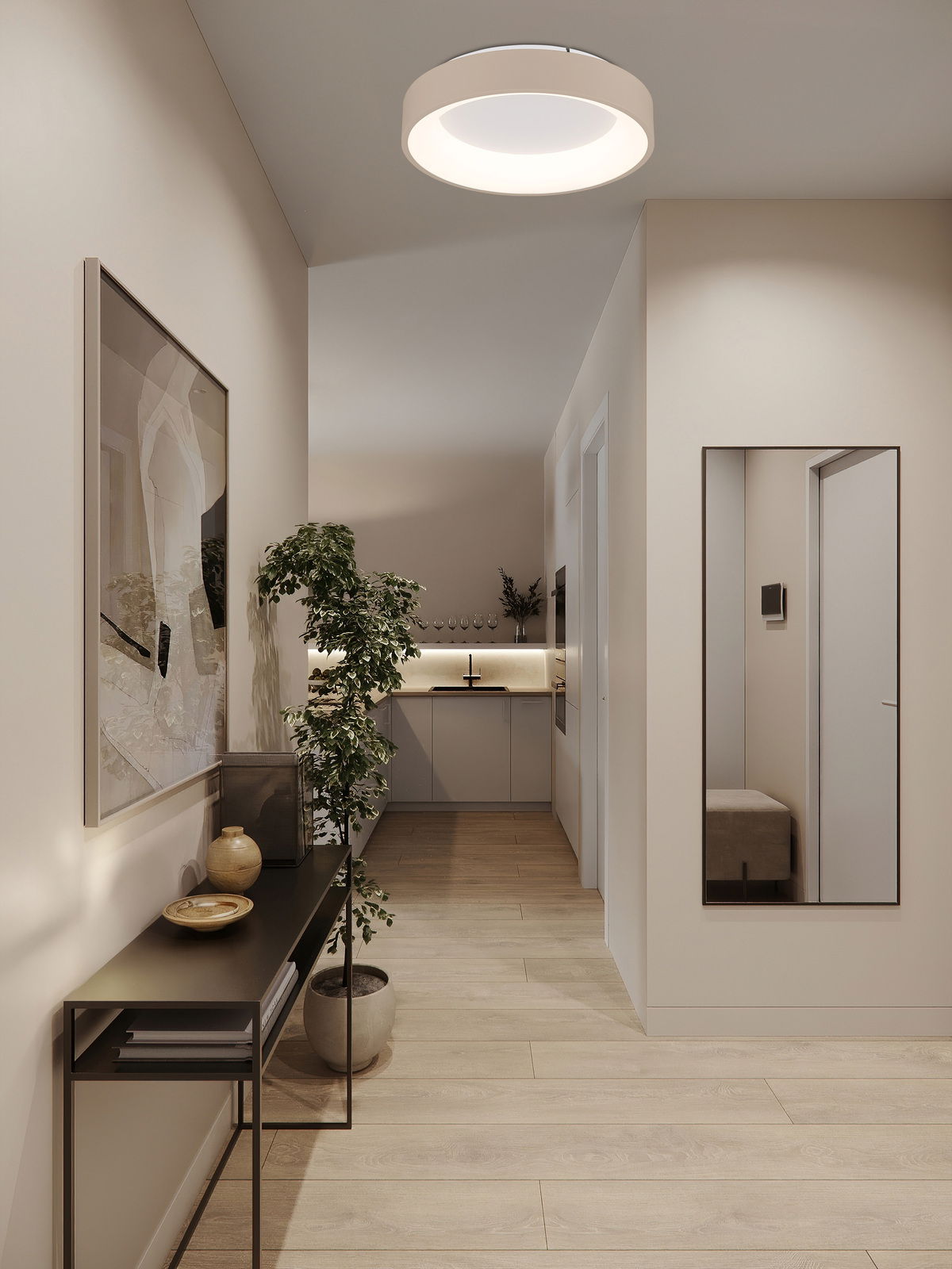 Moderne LED-Deckenleuchte in einem stilvollen Flur, von unten betrachtet.