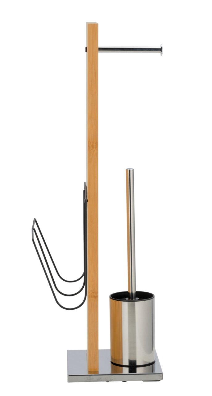 WC-Garnitur mit Zeitungshalter aus Holz und Metall, seitliche Perspektive