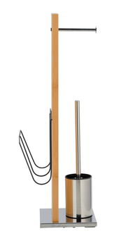 WC-Garnitur mit Zeitungshalter aus Holz und Metall, seitliche Perspektive