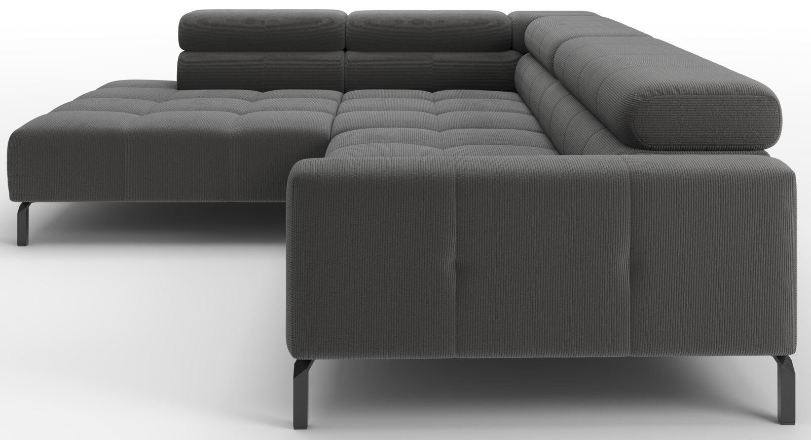 Donkergrijze hoekbank met chaise longue links, gecapitonneerde zittingen en zwarte metalen poten, getoond in schuin vooraanzicht van rechts