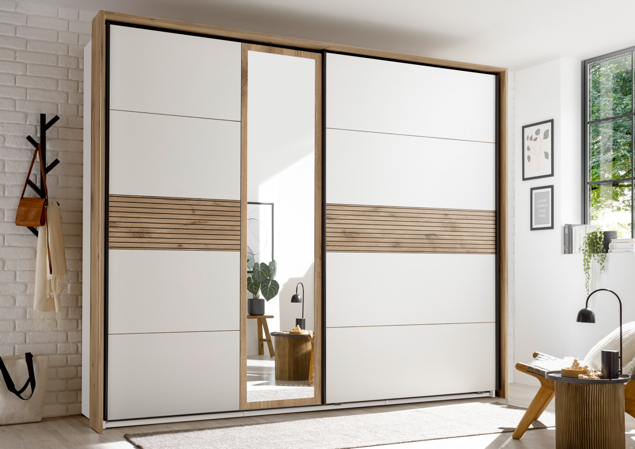 Z2 Schwebetürenschrank DARIA/LEO Moderner Schwebetürenschrank mit Holz- und Weißakzenten, Spiegel in der Mitte, seitliche Perspektive
