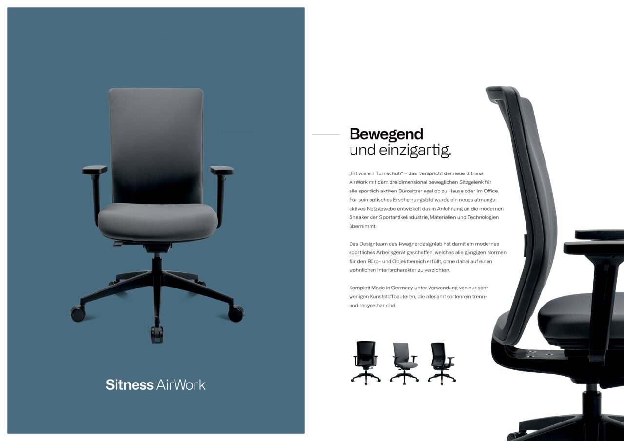 Moderner Bürostuhl in Front- und Seitenansicht, ergonomisches Design mit Armlehnen und Rollen, geeignet für sportlich aktive Nutzer.