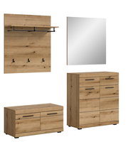Garderoben-Set 4-teilig in Holzoptik, bestehend aus Wandpaneel mit Haken und Ablage, Spiegel, Schuhschrank und Kommode, frontal abgebildet.