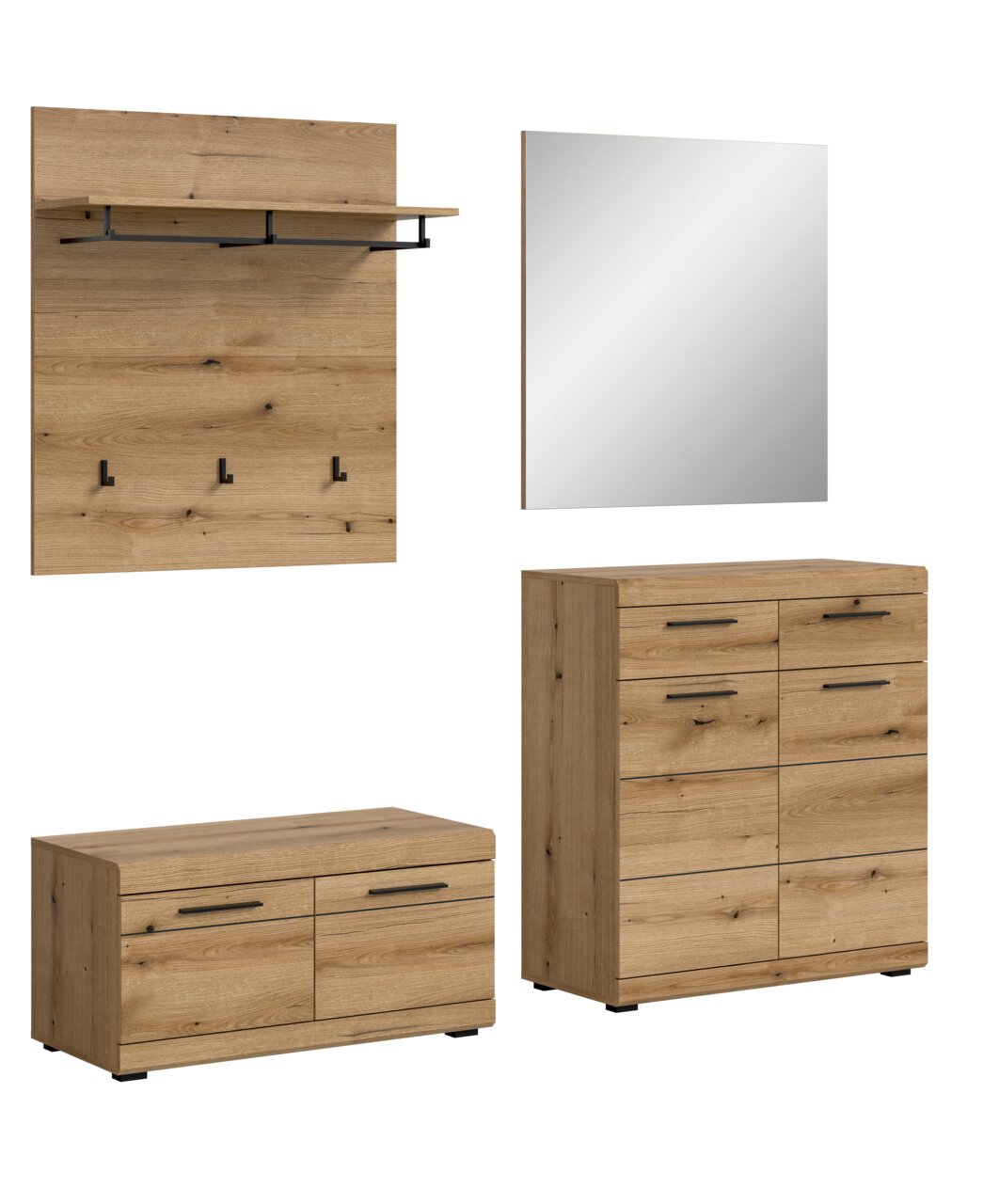 Garderoben-Set 4-teilig in Holzoptik, bestehend aus Wandpaneel mit Haken und Ablage, Spiegel, Schuhschrank und Kommode, frontal abgebildet.