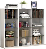 Weißes, modernes Regal mit mehreren Fächern und Glasböden, gefüllt mit Büchern und Deko (Pflanze, Bilderrahmen, Box, Vasen), in frontaler Perspektive.