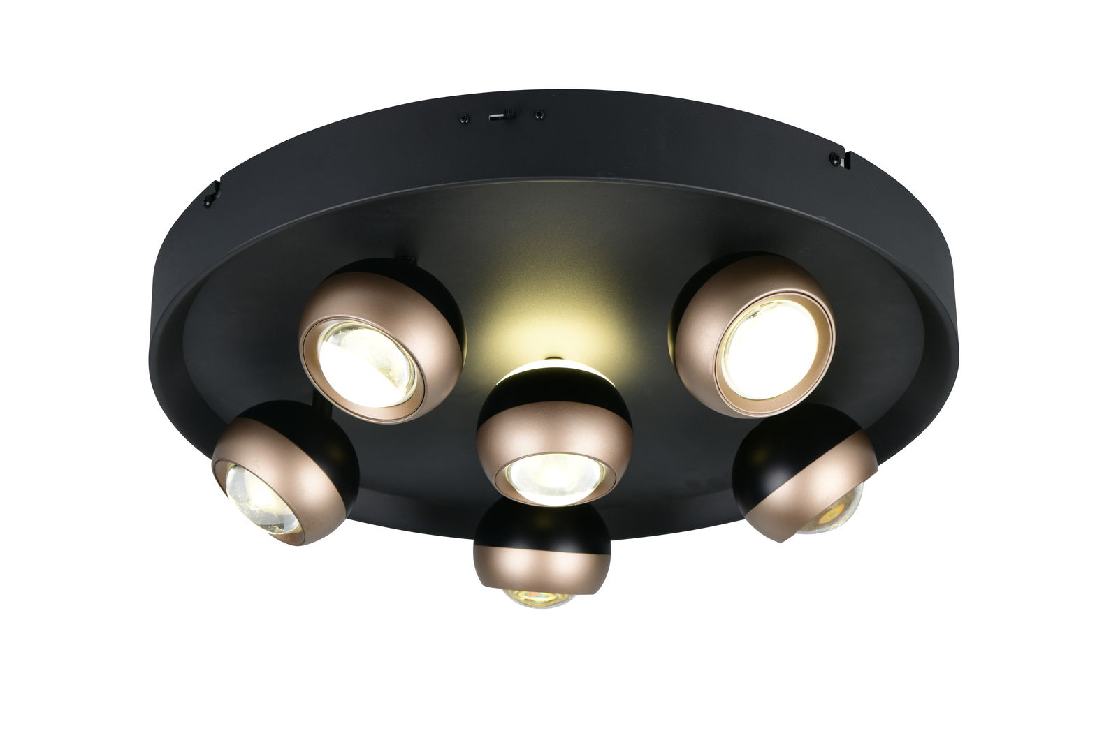 Moderne Deckenleuchte mit fünf kugelförmigen Strahlern in Schwarz und Bronze, von unten betrachtet.