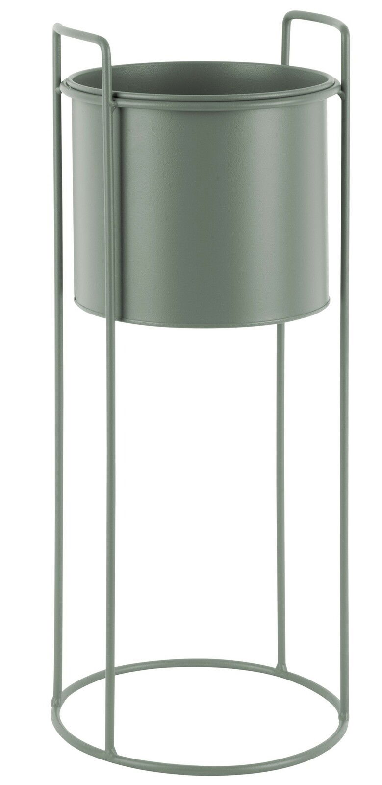 Grauer, hoher Pflanzkübel mit Metallgestell, seitliche Perspektive