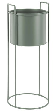 Grauer, hoher Pflanzkübel mit Metallgestell, seitliche Perspektive