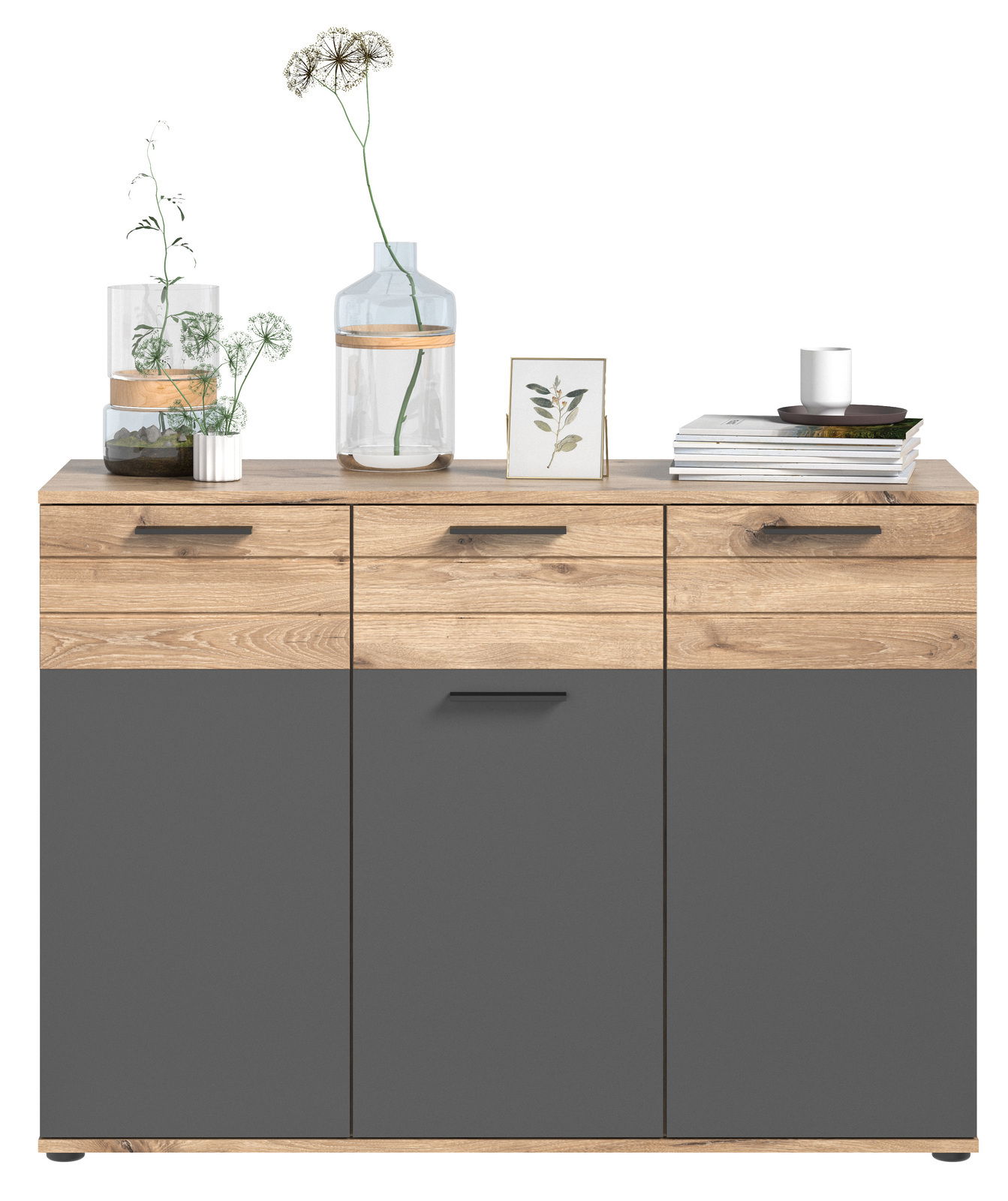 Moderne Kommode mit Holz- und Grautönen, dekoriert mit Vasen und Büchern, Frontalansicht
