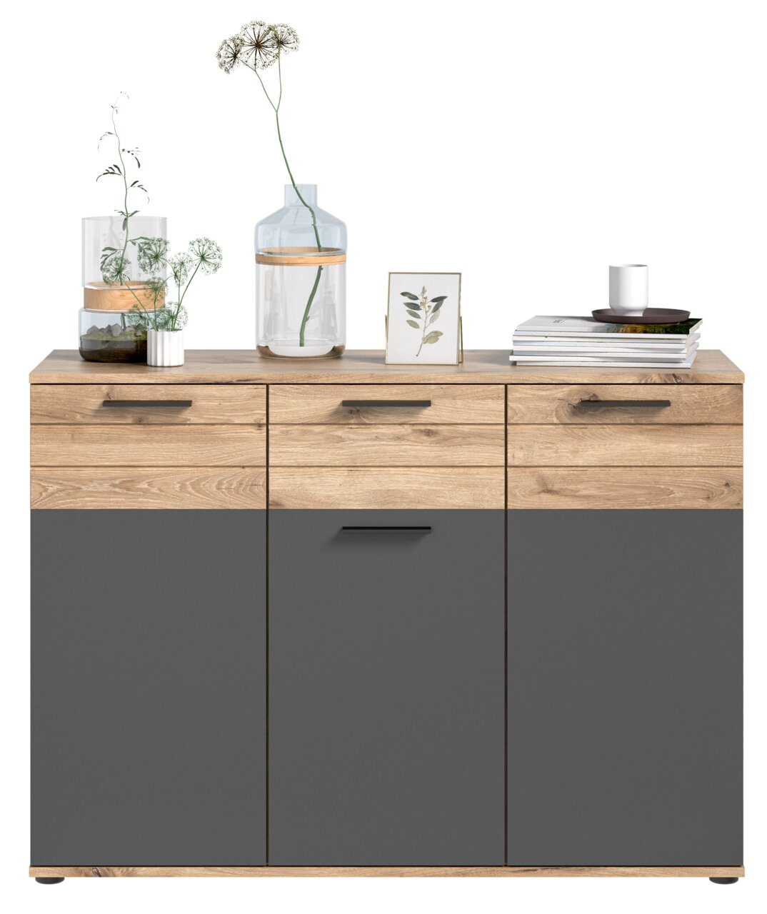 Moderne Kommode mit Holz- und Grautönen, dekoriert mit Vasen und Büchern, Frontalansicht