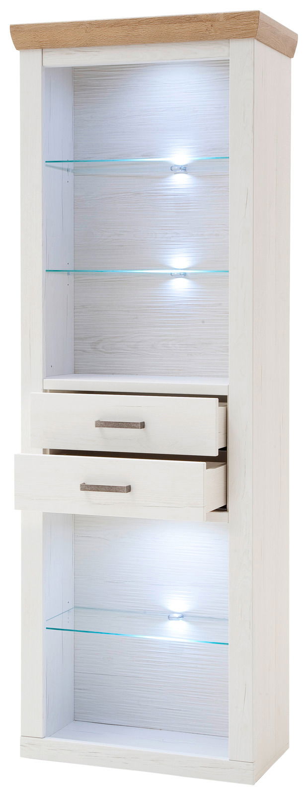 Weißes Kombi-Regal mit Holzoberfläche, Glasböden und integrierter Beleuchtung, frontale Ansicht